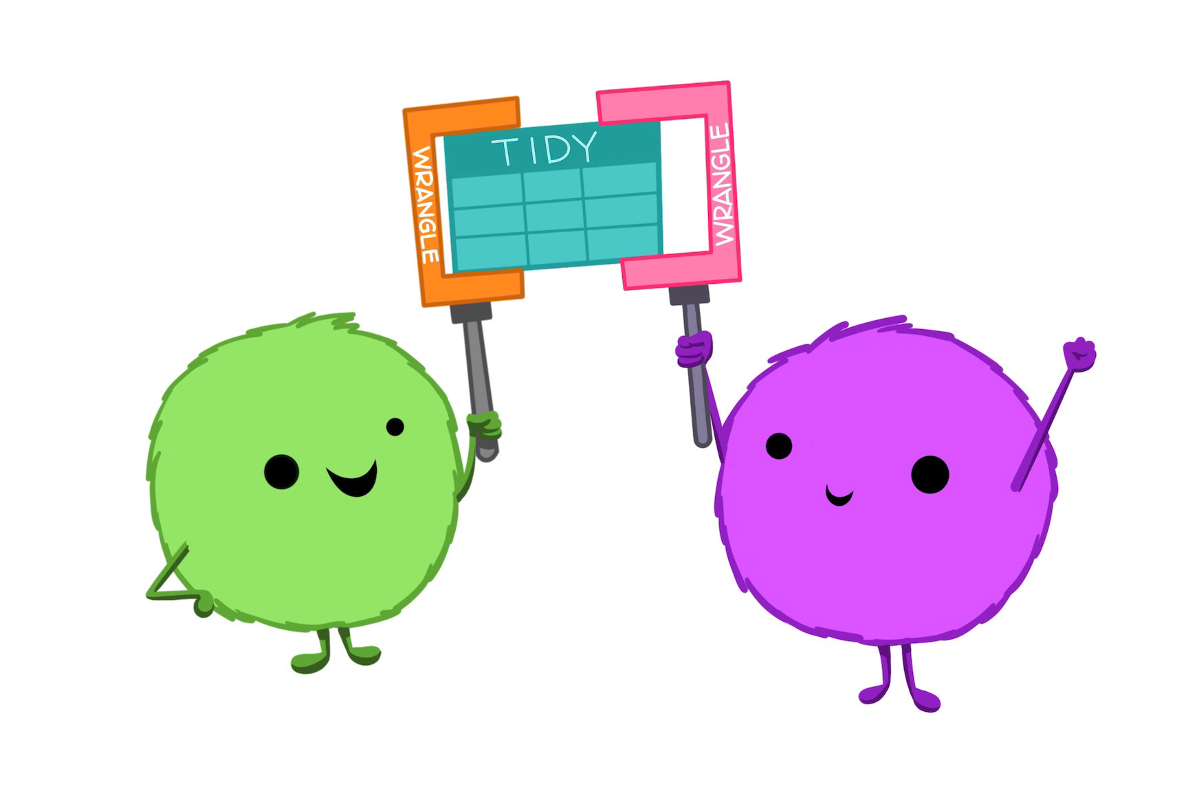 Two happy looking round fuzzy monsters, each holding a similarly shaped wrench with the word “wrangle” on it. Between their tools is held up a rectangular data table labelled “TIDY.”