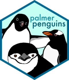 Palmer penguins R package hex sticker. Three cartoon penguins on a light blue hexagonal logo.
