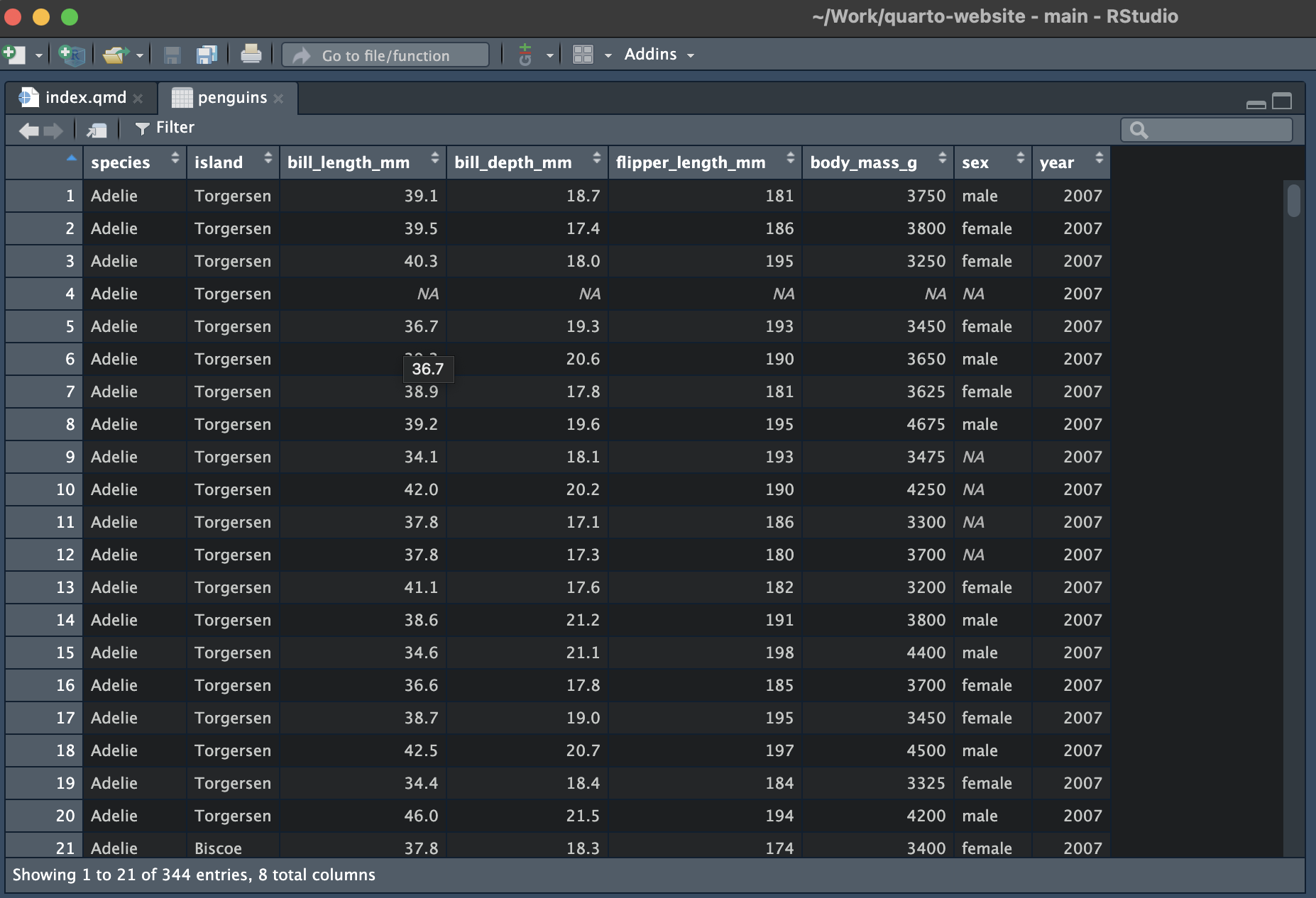 Screenshot of RStudio files pane, containing a spreadsheet view of the palmer penguins data set.