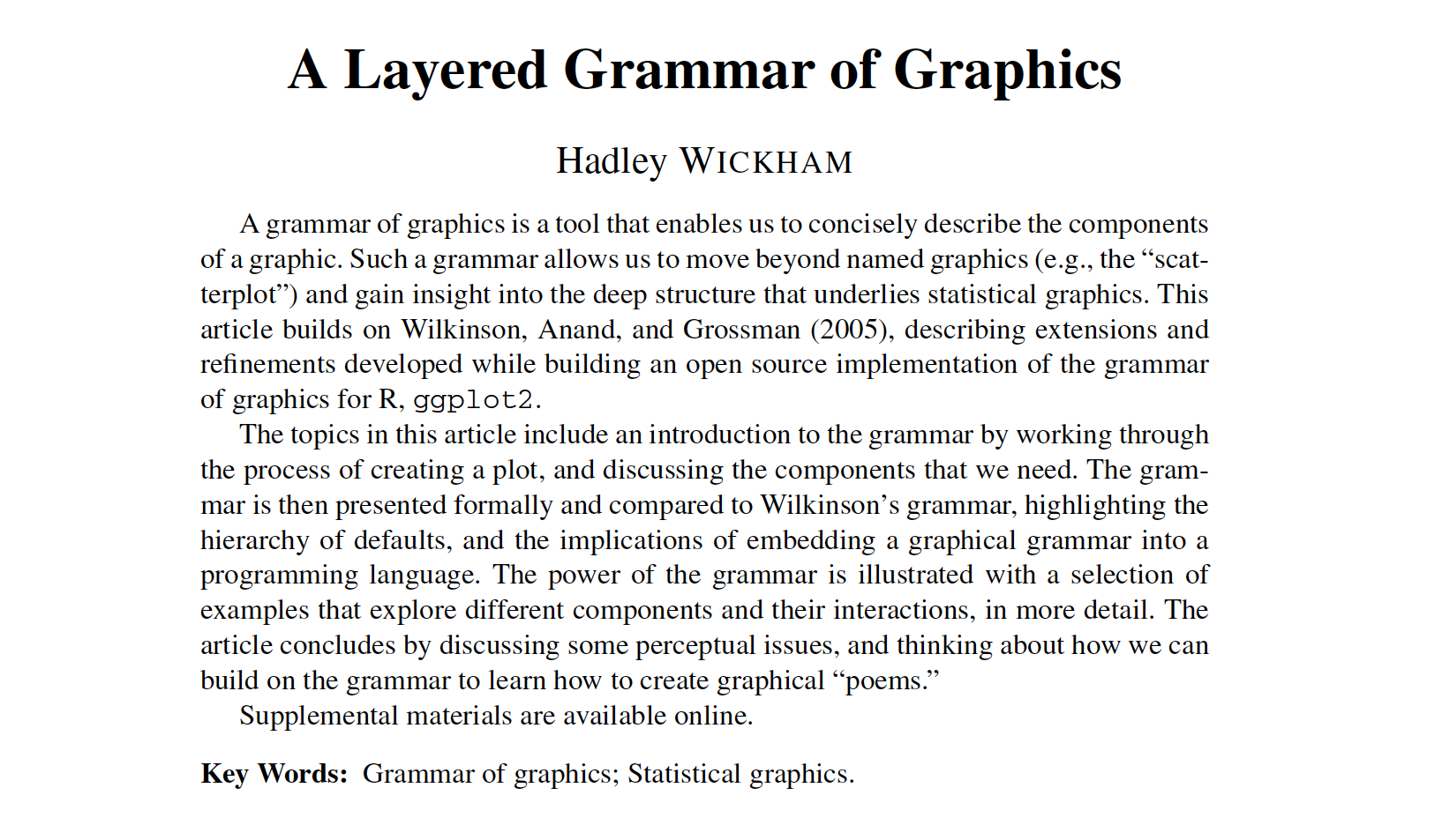 Abstract of Grammar of Graphics paper by Hadley Wickham.