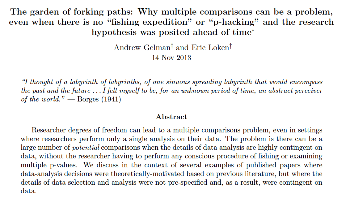 Gelman and Loken (2013) consider the issue of multiple comparisons